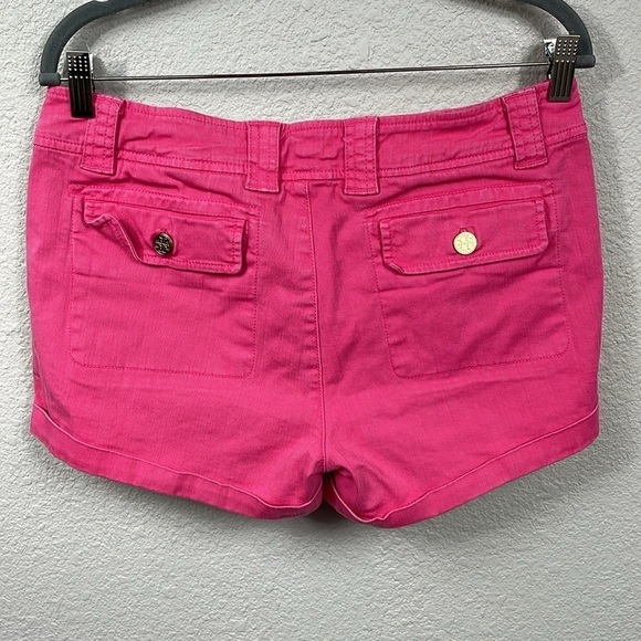 Tory Burch Mid Rise Cuffed Chino Jean Shorts Pink Gold Tone Medallion Buttons 30 - Picture 3 of 9